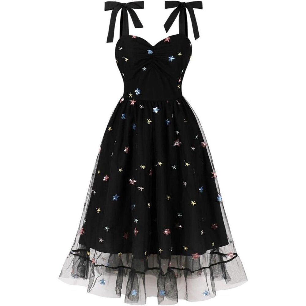 Women's Tie Strap Tulle Prom Dresses Sweetheart Flower Embroidery Dress